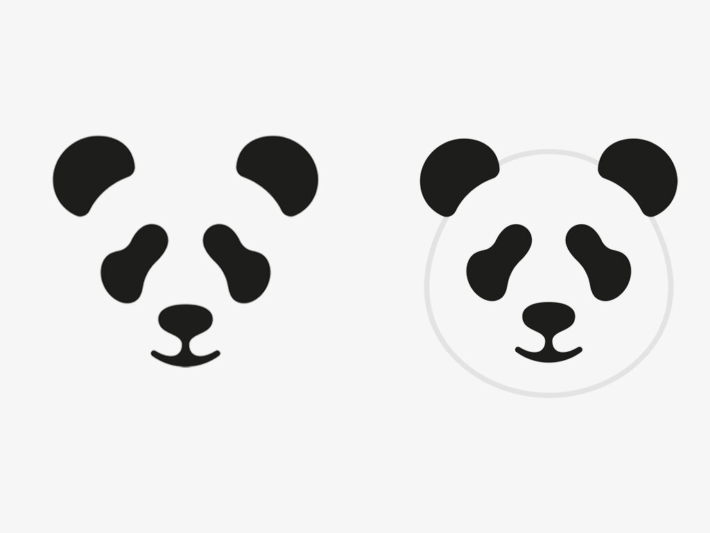 Two panda faces made from simple black shapes. One face is formed entirely by black shapes with no outline, while the other has a faint circular outline around the shapes. This illustrates the Gestalt principle of closure, where the mind fills in missing parts to complete a familiar image.