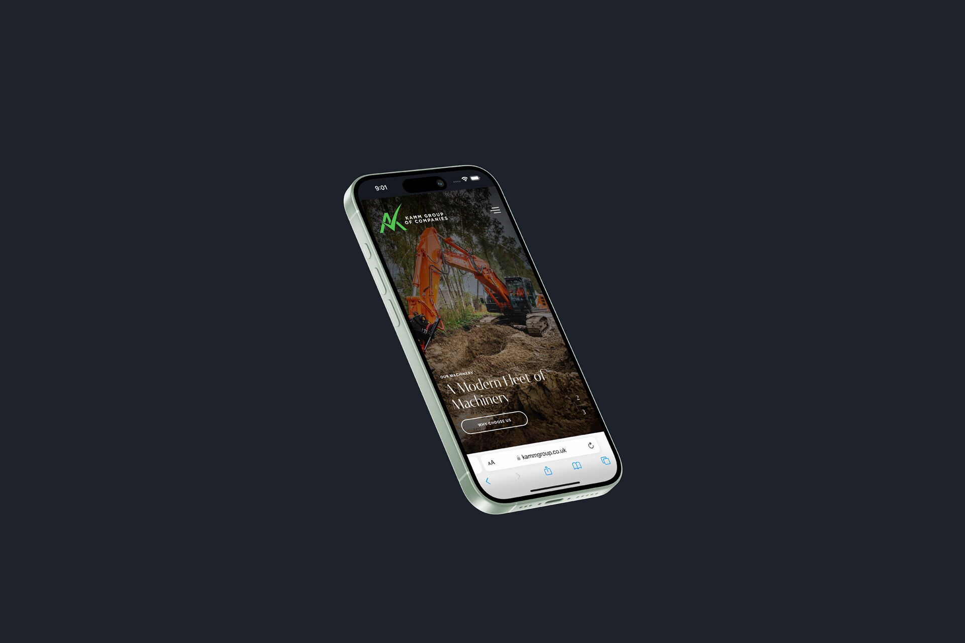 Smartphone displaying the homepage of a construction company's website with an image of an orange excavator.
