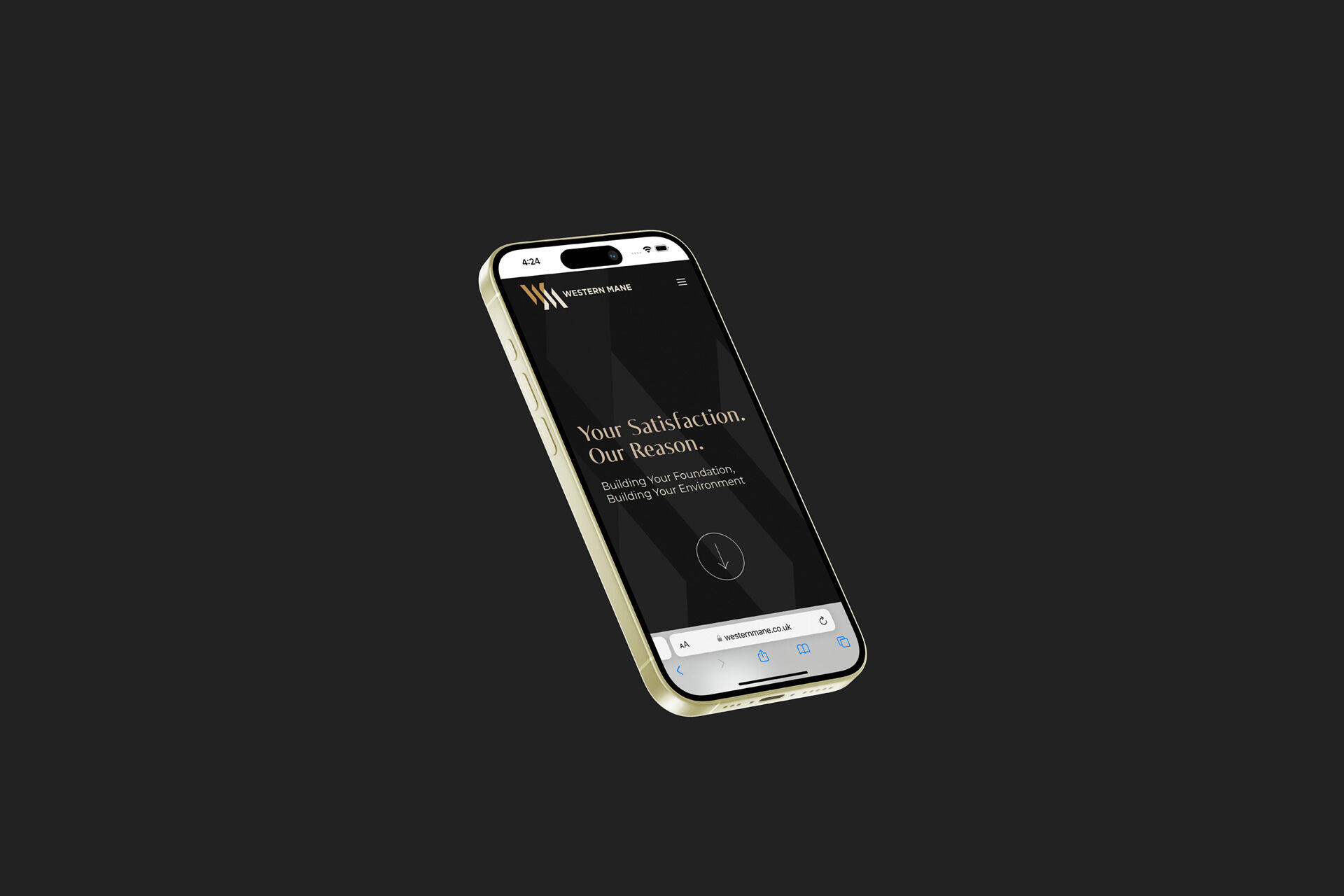 Smartphone screen showing a construction company's website with the motto 'Your Satisfaction. Our Reason.' on a black background.